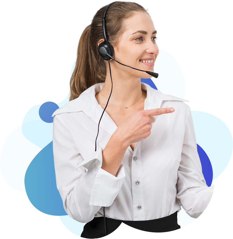 a woman wearing a headset pointing at something.