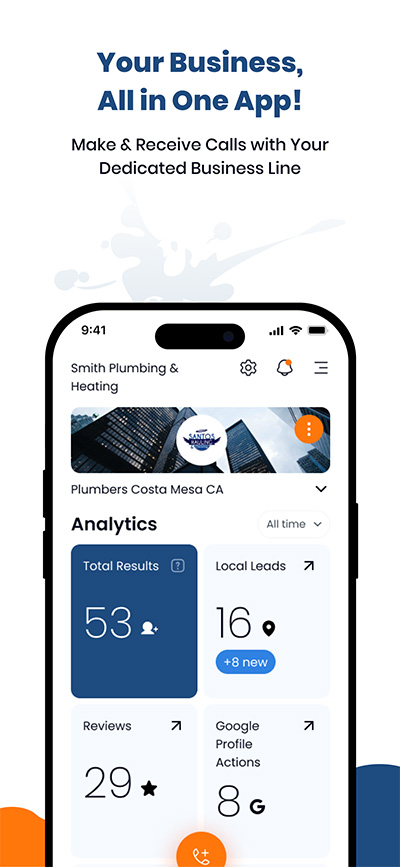 Illustration of the Local Splash App interface showing analytics, business performance metrics, and a dedicated business line, emphasizing an all-in-one solution for managing small businesses.