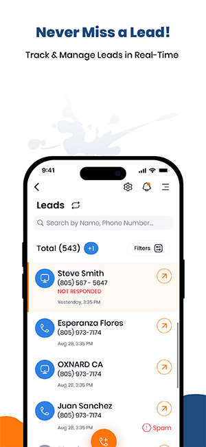 Screenshot of the Local Splash App's lead tracking feature, displaying a list of real-time leads, contact details, and follow-up statuses to ensure no leads are missed