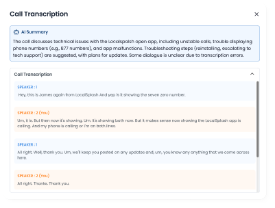 Screenshot of The Hub dashboard showing a call transcription and AI-generated summary, highlighting issues, outcomes, and follow-up details.