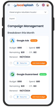 Mobile screenshot of The Hub campaign management dashboard showing Google Ads and Google Guaranteed budgets, spend, CPL, and renewal dates.