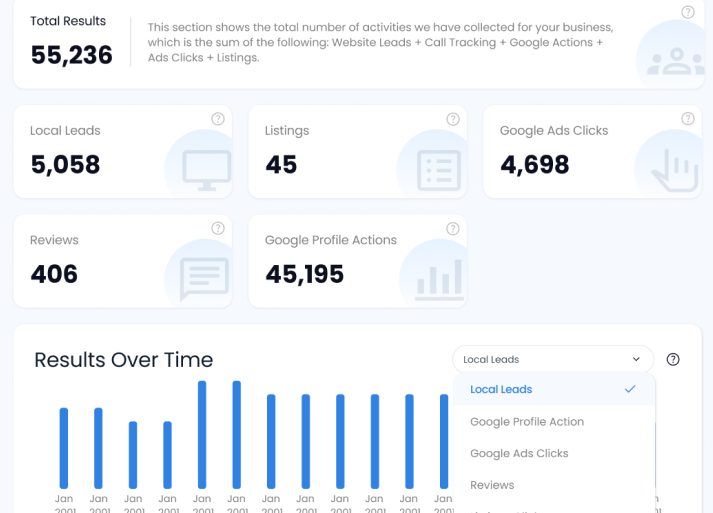 Screenshot of The Hub dashboard showing total results, local leads, listings, Google Ads clicks, reviews, profile actions, and leads over time graph.
