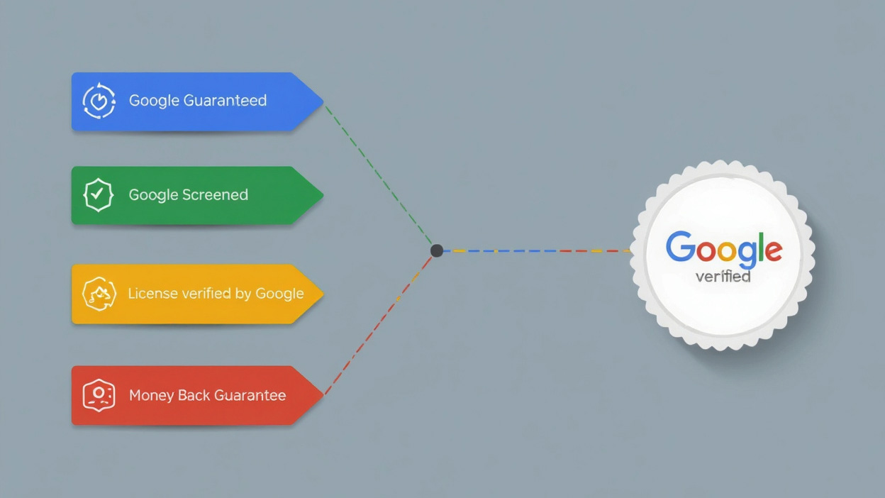 Visual graphic showing Google Guaranteed, Google Screened, License Verified by Google, and Money Back Guarantee programs merging into one unified Google Verified badge.