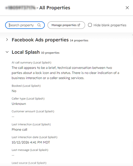HubSpot contact record showing a Local Splash property group with an AI call summary, caller type, last interaction and lead source.