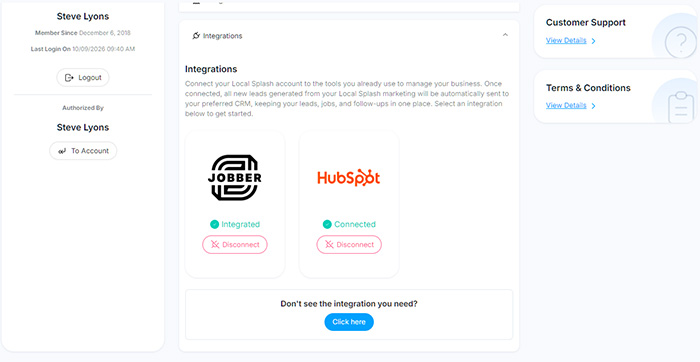 Local Splash dashboard Integrations tab showing both Jobber and HubSpot connected to the same account.